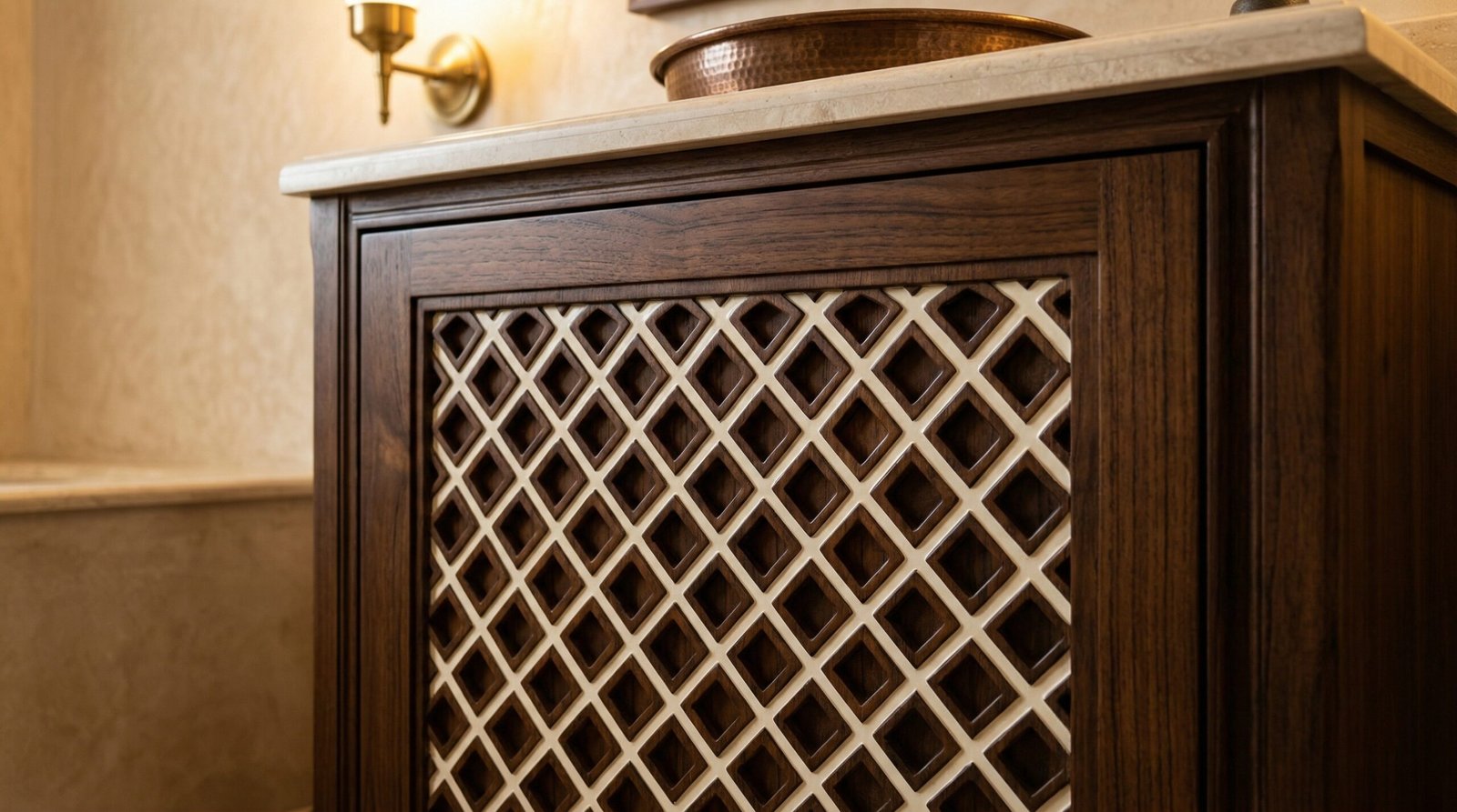 Intricate carved geometric lattice bathroom vanity door panel in dark teak with ivory lacquer fill in UAE heritage villa bathroom