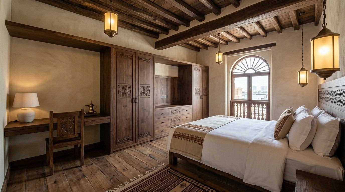 Reclaimed timber beams and traditional carved joinery in a heritage hotel in Al Seef, Dubai.