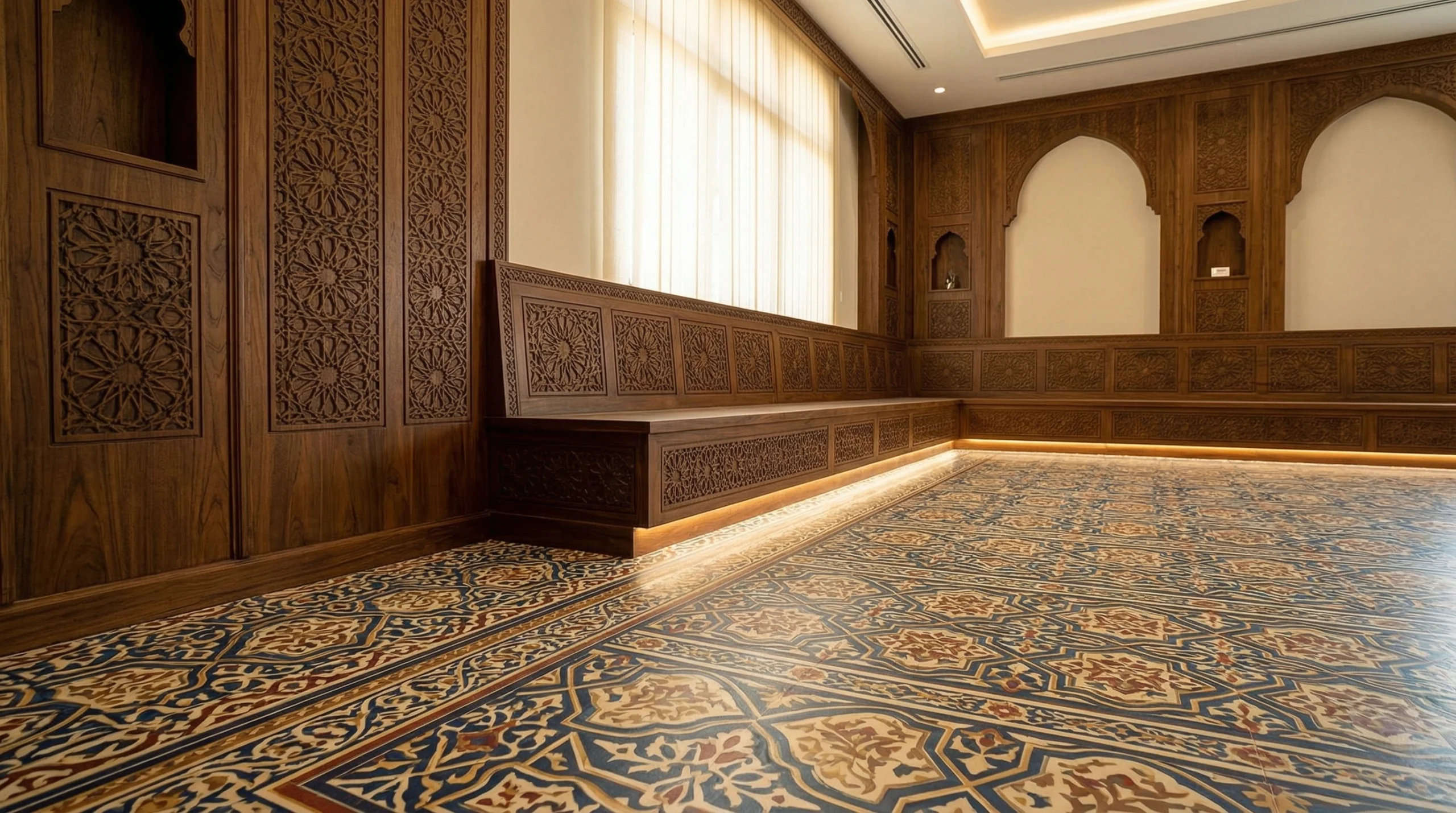 Traditional pattern custom SPC flooring integrated with carved teak joinery in a Sharjah Majlis by Karnak Carpentry.