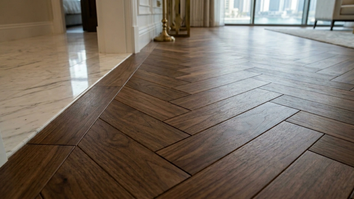 Close-up of intricate herringbone walnut parquet flooring installed in a Dubai Marina apartment by Karnak Carpentry, highlighting precise joinery.