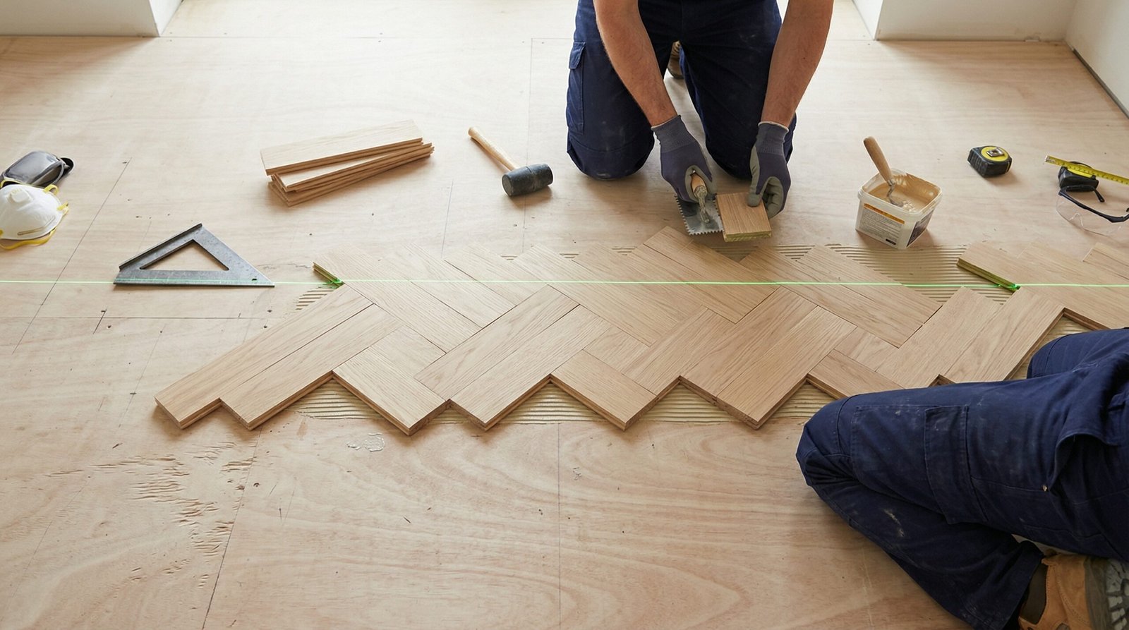 Precise alignment of herringbone parquet blocks along a projected layout line.