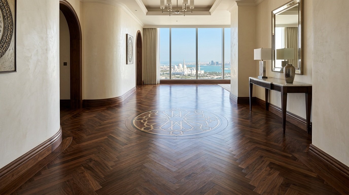 Custom walnut herringbone flooring with wooden inlays in an Abu Dhabi penthouse.