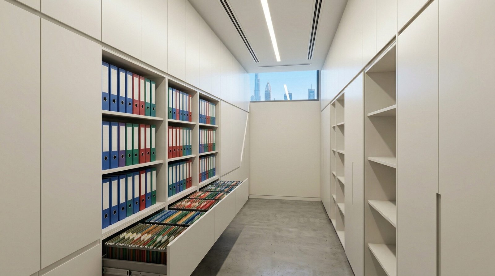 High-density floor-to-ceiling built-in filing cabinets and storage systems in a Dubai corporate office.