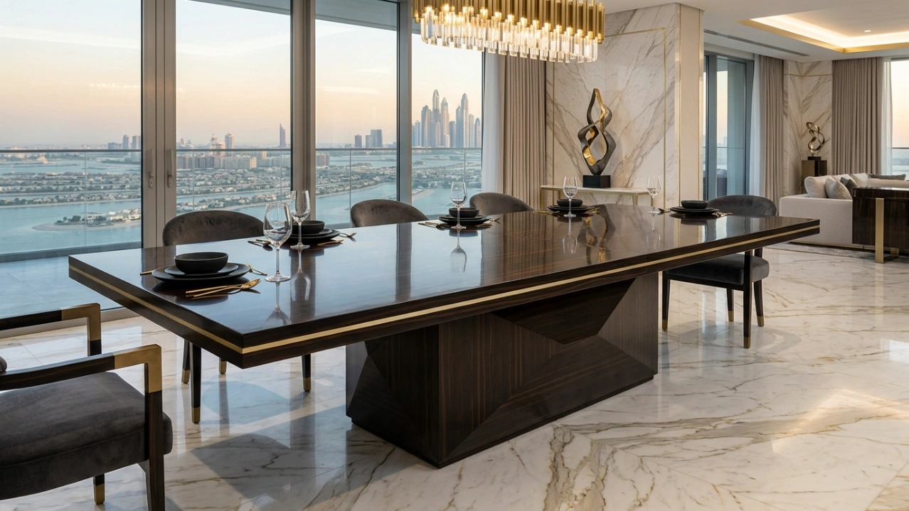 Luxury high-gloss Macassar ebony dining table with metallic inlay, bespoke Karnak project on Palm Jumeira