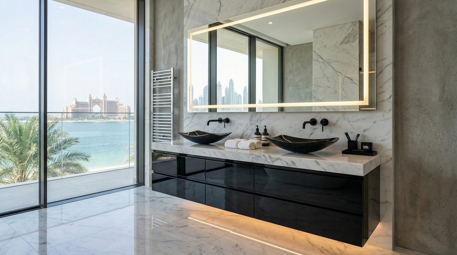 Ultra-modern high-gloss black bathroom vanity with minimalist design, custom Karnak Carpentry on Palm Jumeirah.