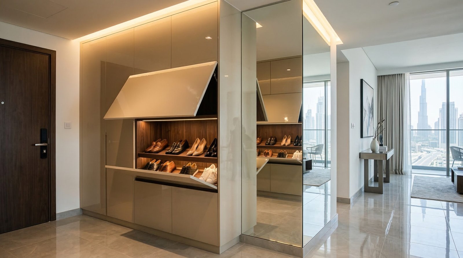 High-gloss champagne lacquer fitted shoe cabinet with flip-up door and cove lighting in Business Bay Dubai apartment entrance