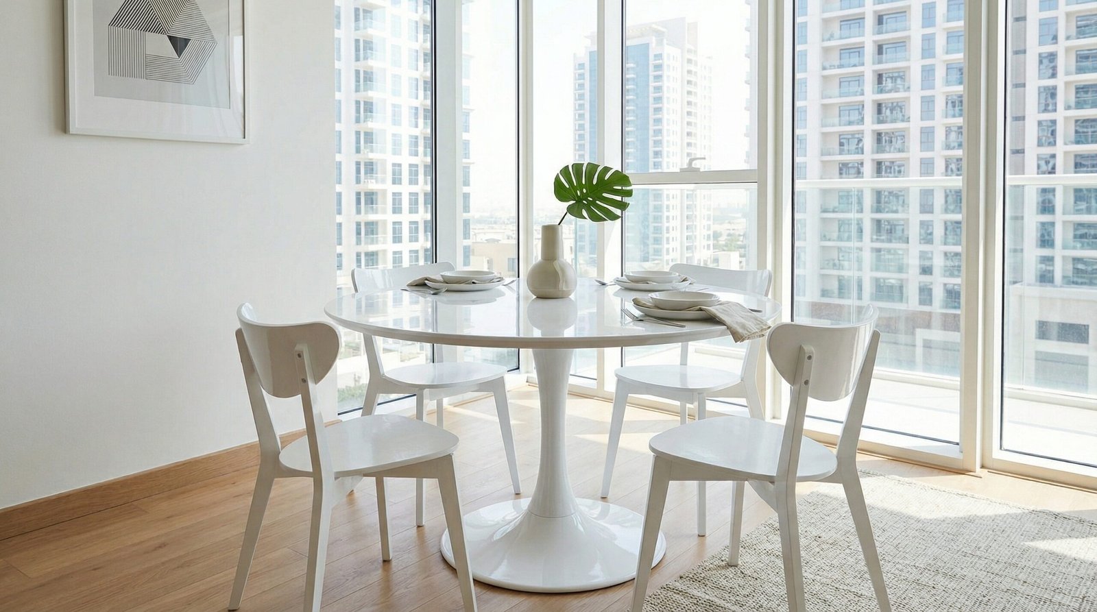 Round high-gloss white dining table with a pedestal base, custom Karnak project in JVC.
