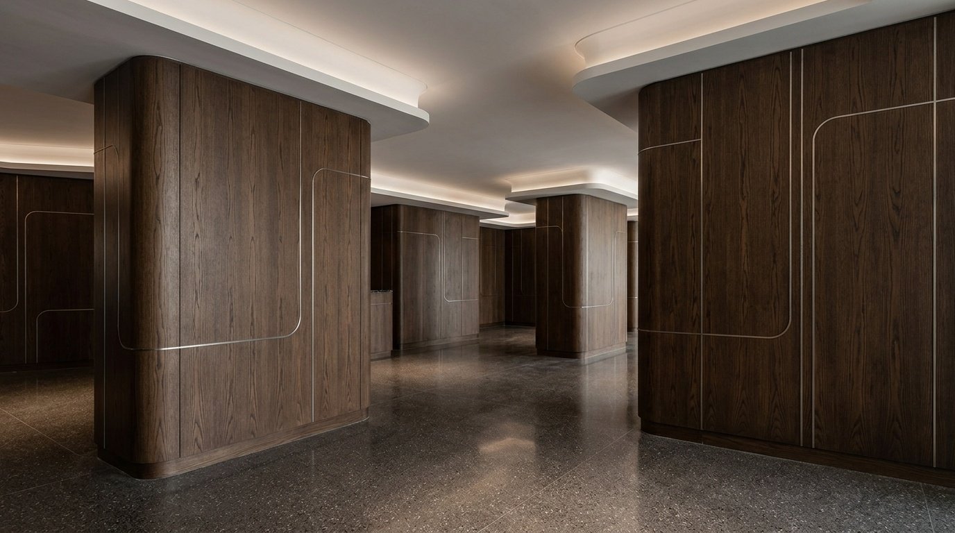 Durable custom oak wall cladding and column wraps in a high-end Dubai restaurant interior.