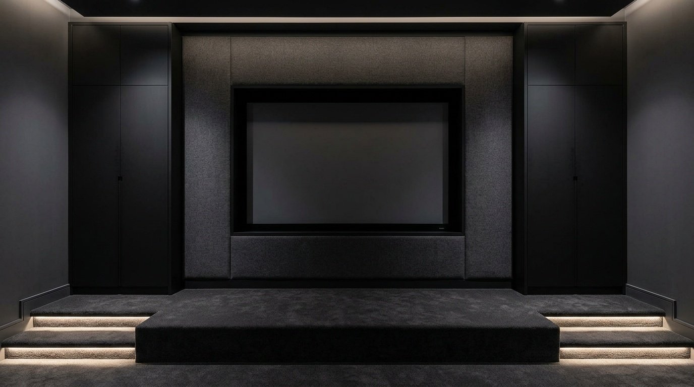Custom built-in home cinema wall joinery with acoustic panels and LED step lighting in Arabian Ranches Dubai villa