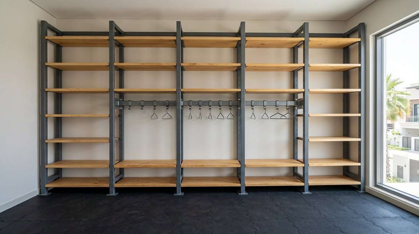 Custom built-in home gym storage wall in steel grey with pine shelving in Damac Lagoons Dubai villa gym room