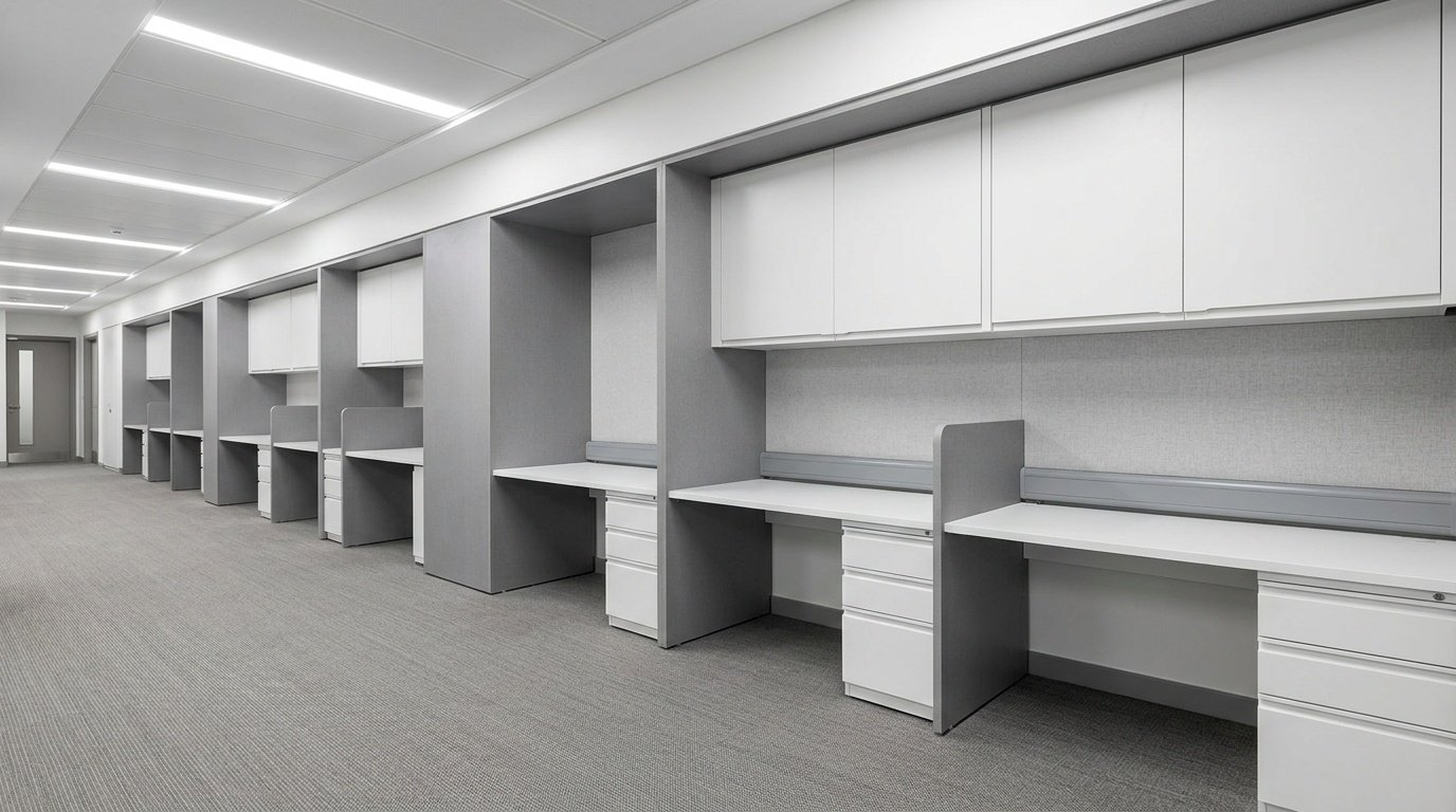 Built-in administrative workstation bays with overhead storage and cable management in a UAE hospital office by Karnak Carpentry