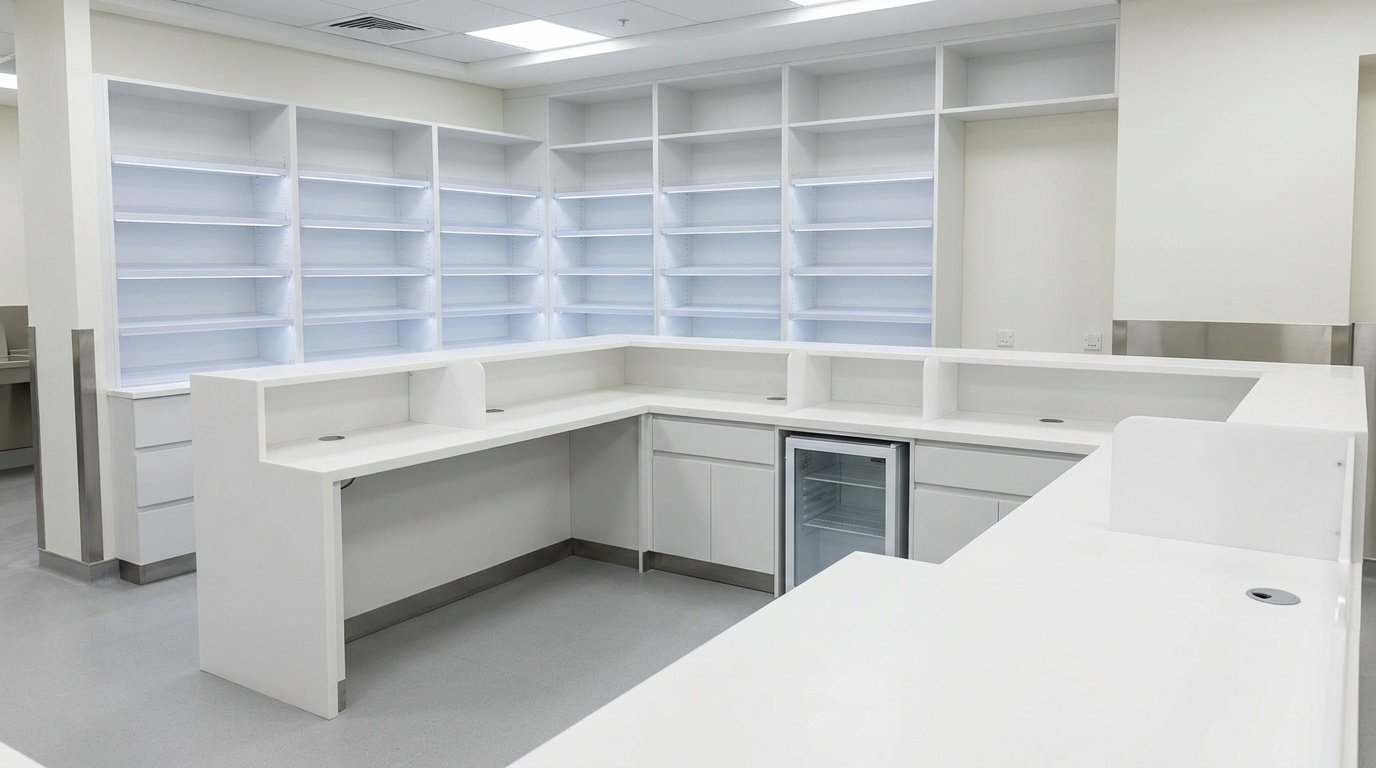 Custom pharmacy dispensing counter and integrated shelving wall in a UAE hospital pharmacy by Karnak Carpentry