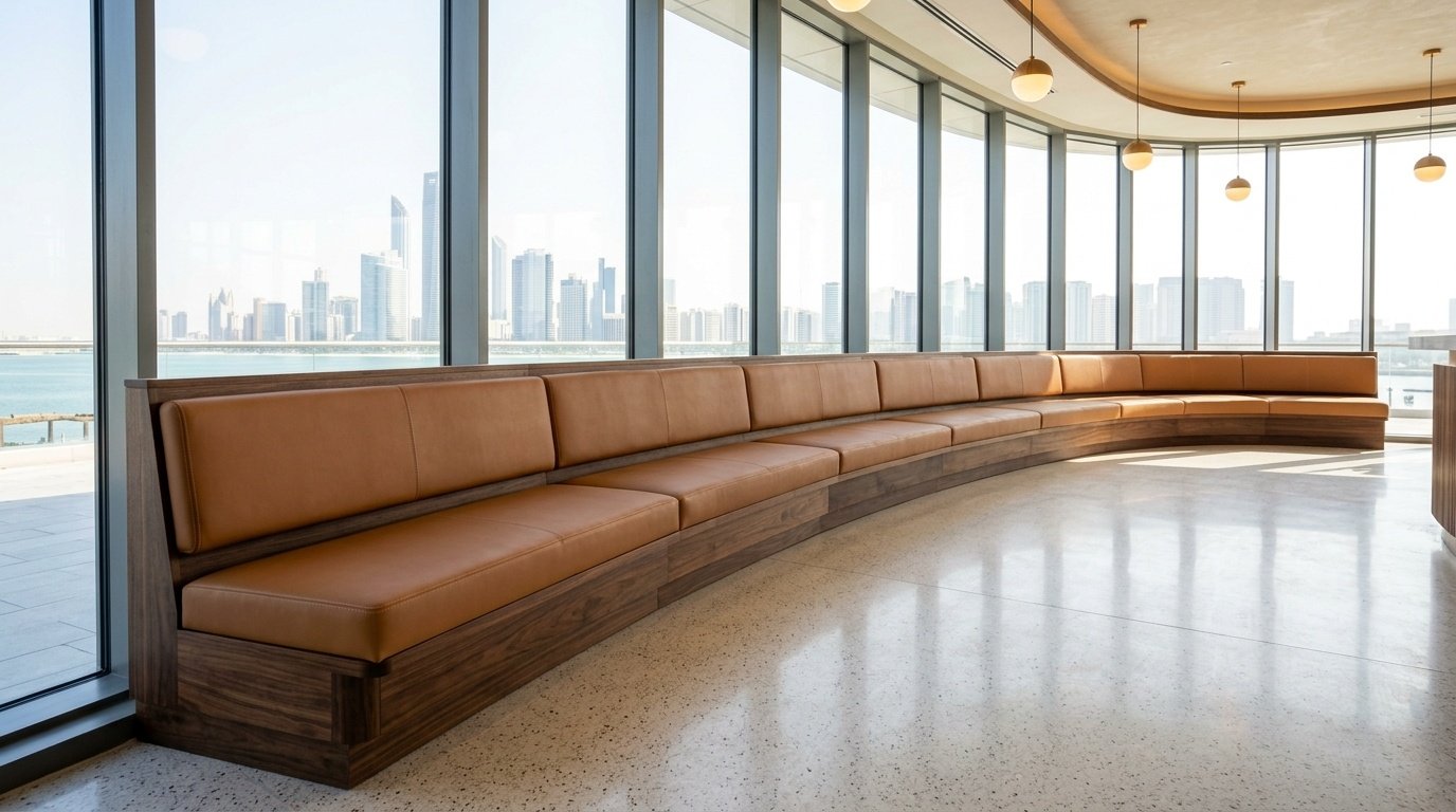 Completed custom curved banquette seating installed and ready for a restaurant opening in Abu Dhabi.
