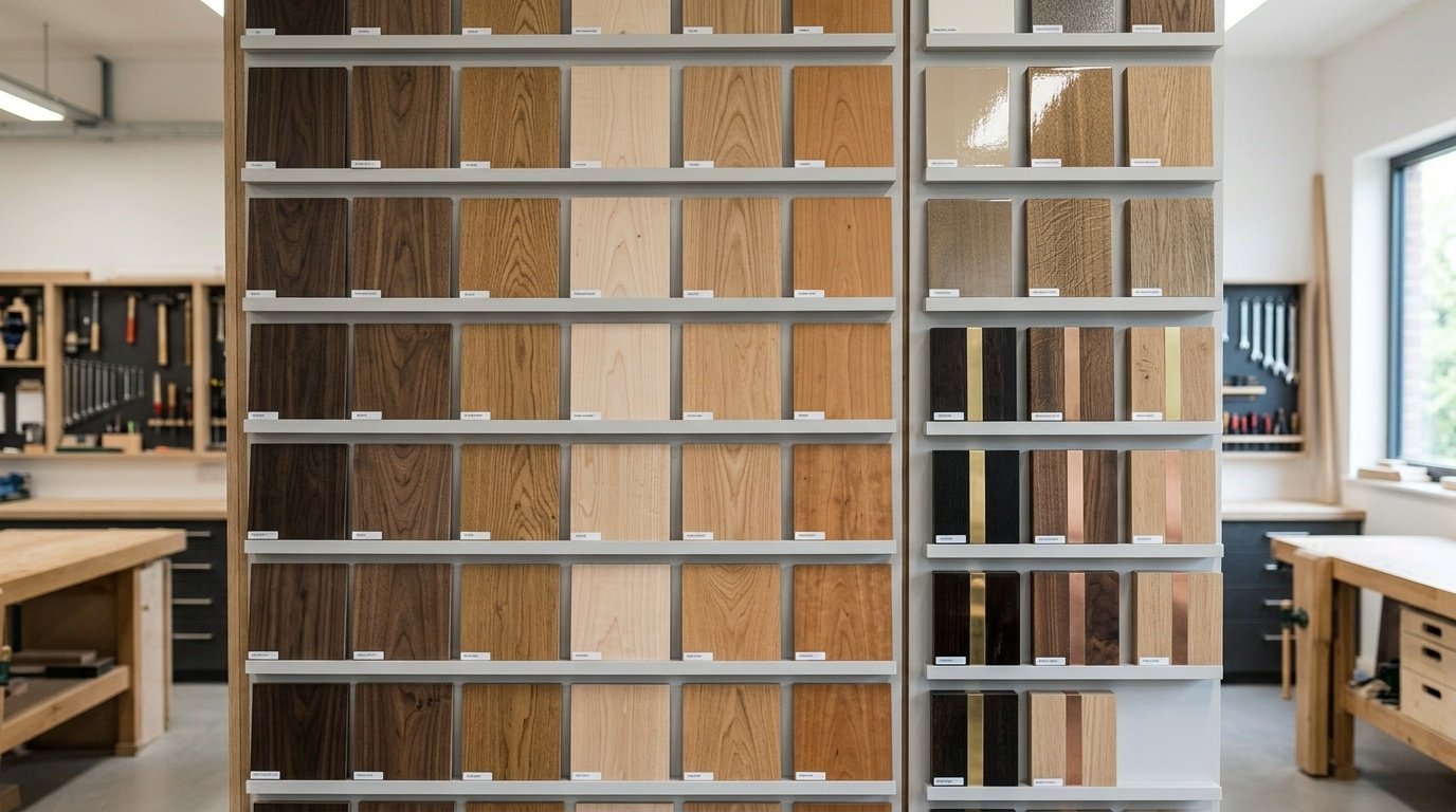 A wall display of dozens of different wood veneers and finish samples for hospitality projects.