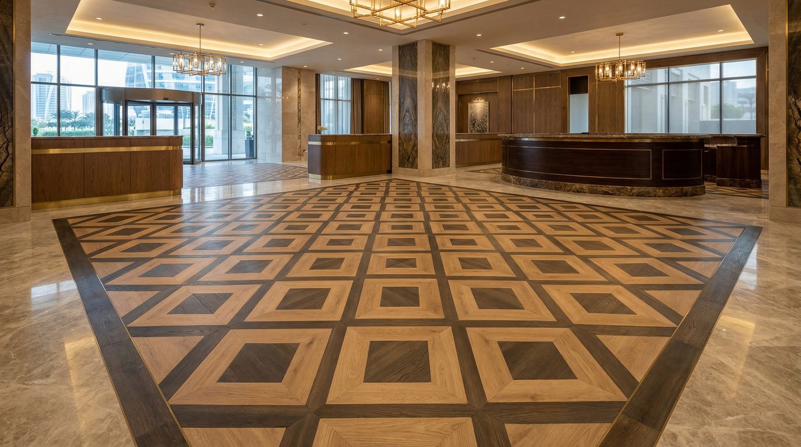 Geometric oak LVT flooring inlay in a luxury Abu Dhabi hotel lobby.