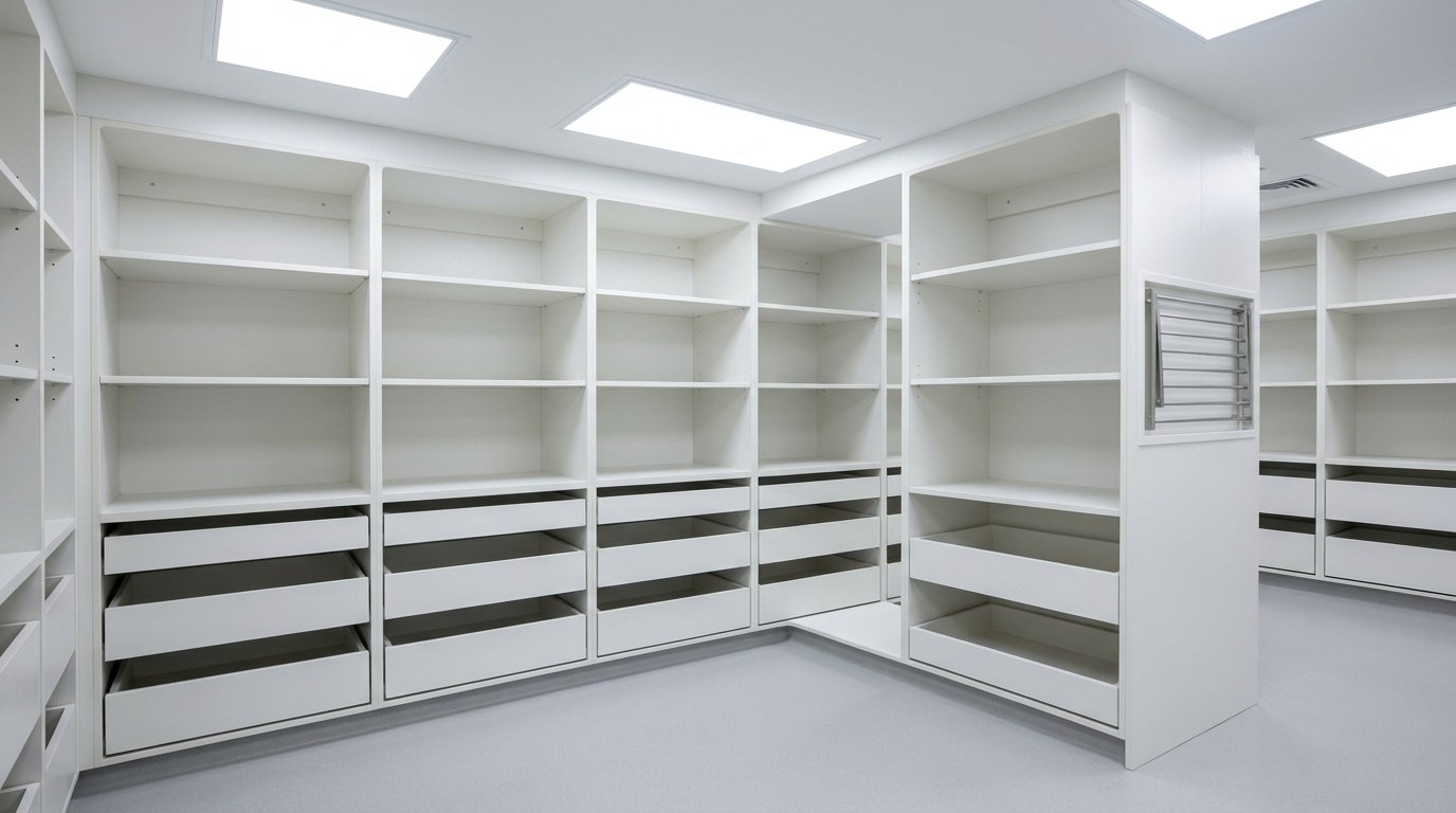 Custom moisture-resistant linen room shelving system with pull-out drawers in a Sharjah hotel back-of-house area by Karnak Carpentry
