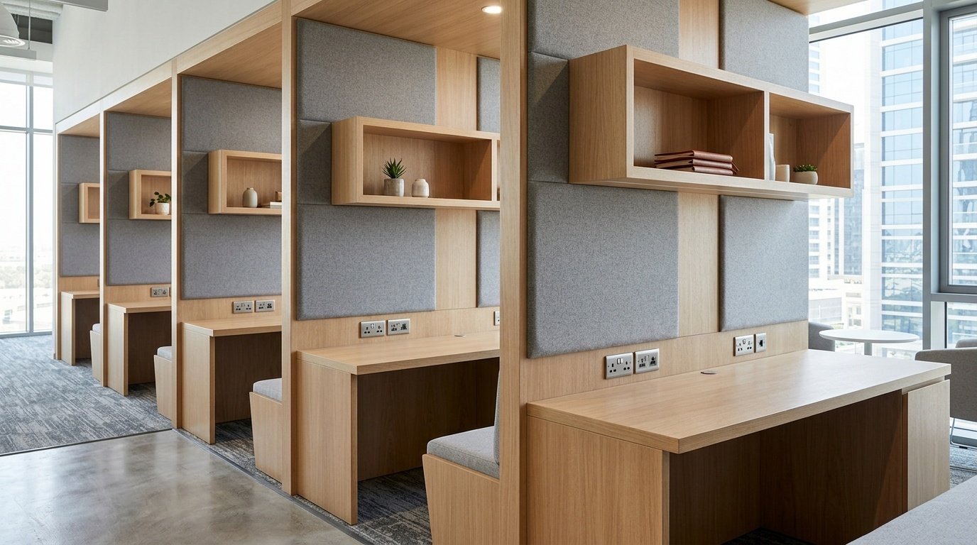 Integrated business center work pods with power and acoustic panels in a business hotel.