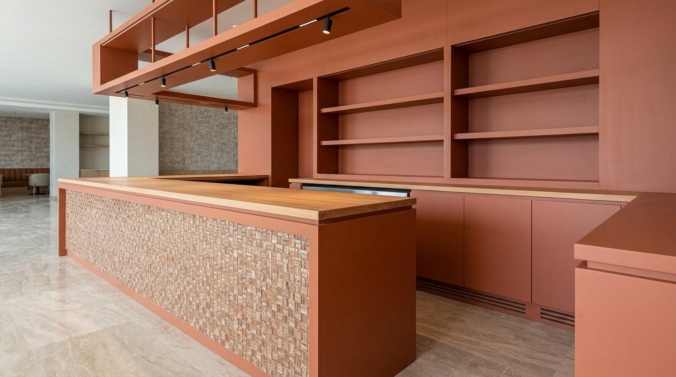 Custom terracotta lacquer café service counter with integrated shelving and mosaic tile front panel in a Dubai hotel by Karnak Carpentry