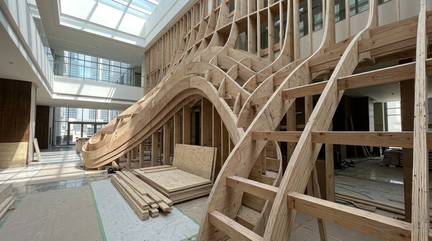 Structural wooden framework for a custom hotel atrium feature wall installation in Dubai by Karnak Carpentry.