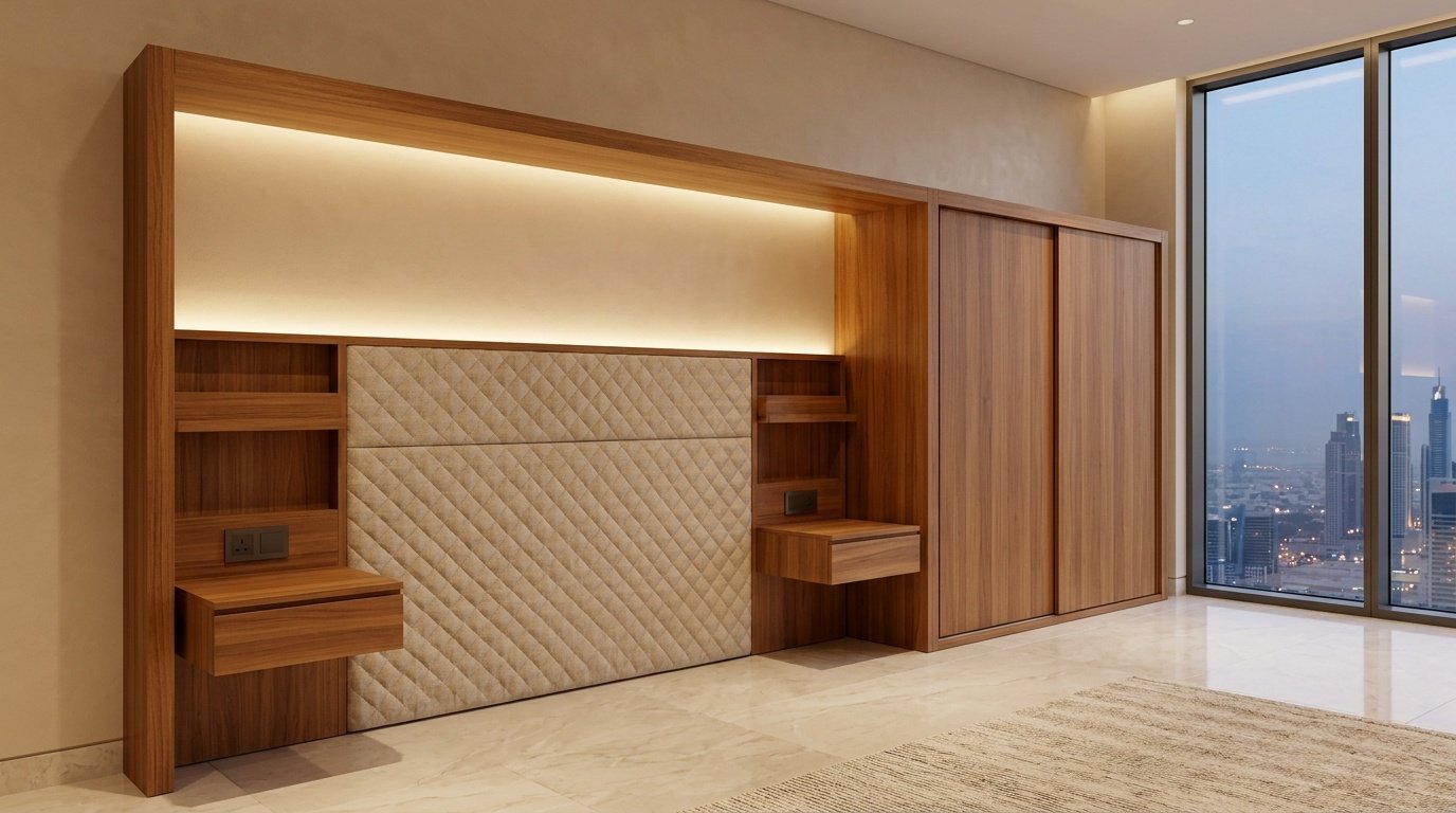 Bespoke built-in headboard wall unit with integrated wardrobe and floating shelves in a Dubai five-star hotel room by Karnak Carpentry
