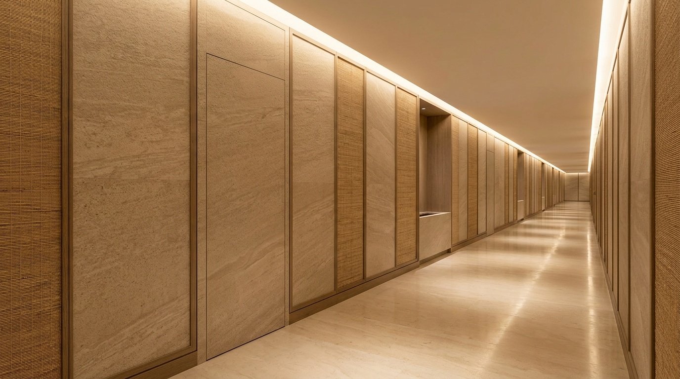 Alternating stone-look laminate and reed panel corridor wall joinery with integrated cove lighting in an Abu Dhabi hotel by Karnak Carpentry