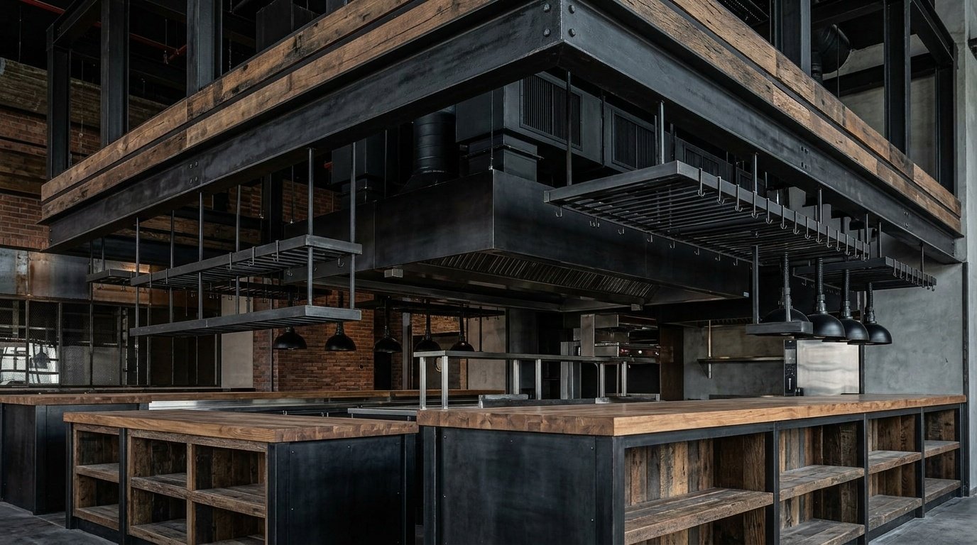 Custom steel and timber overhead gantry and counters for a hotel show kitchen.