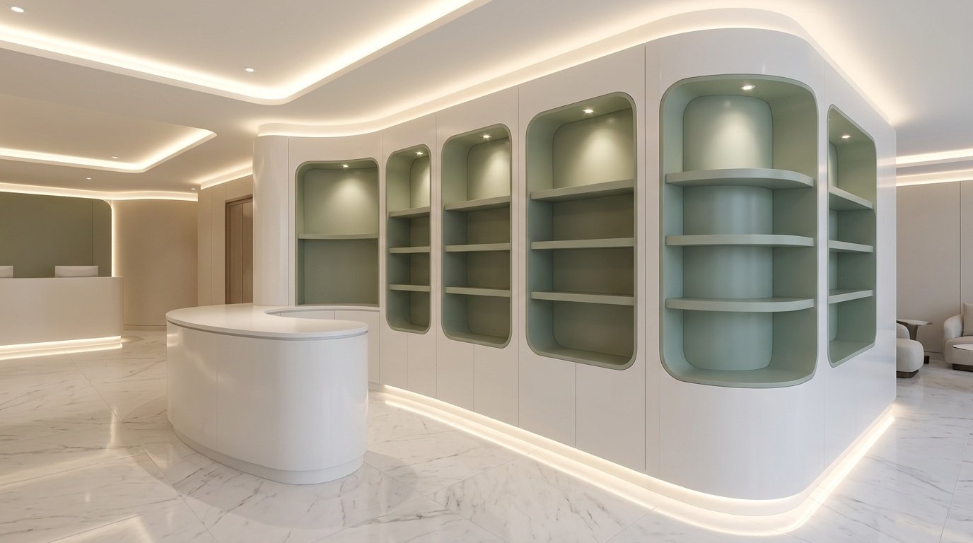 Curved white and sage green spa reception display wall with integrated LED niches and Corian counter in a Dubai hotel by Karnak Carpentry