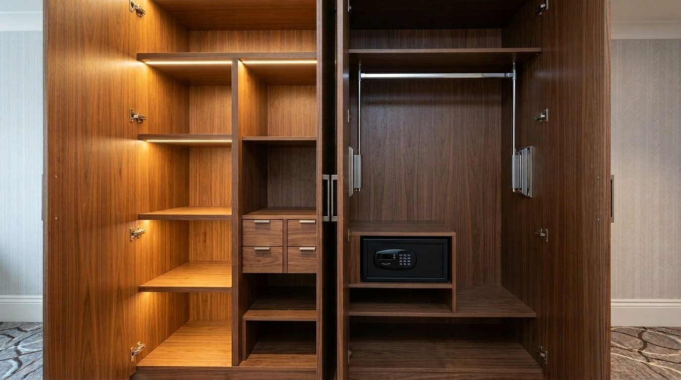 Detailed internal view of a custom hotel wardrobe with integrated safe and lighting by Karnak Carpentry.