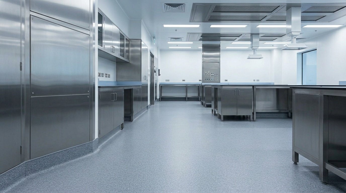 Seamless healthcare sheet vinyl flooring with coving in an Abu Dhabi research lab with integrated cabinetry.