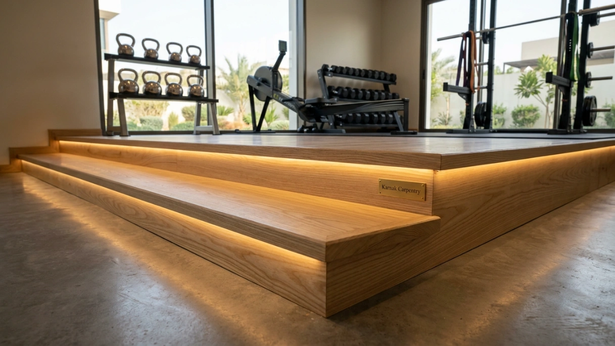Modern residential gym in Arabian Ranches featuring ash wood platform flooring with integrated LED lighting by Karnak Carpentry.