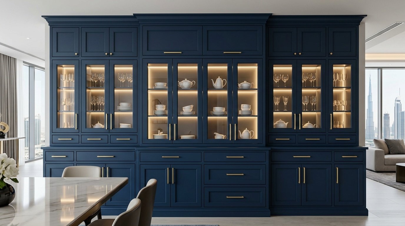 Imposing Navy Blue Custom Built In Dining Cabinet In A Dubai Penthouse.