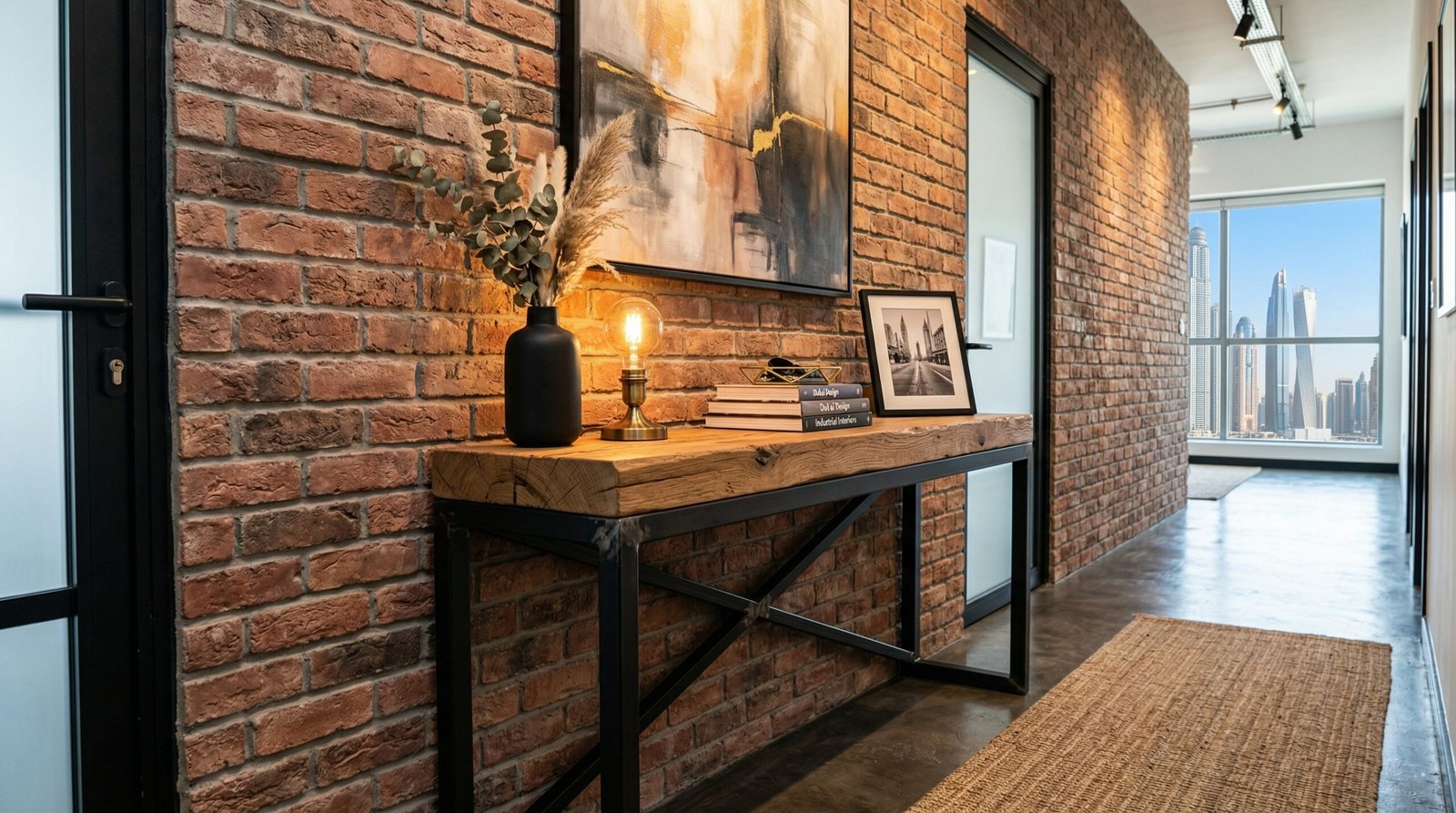 Industrial oak and steel frame console table against an exposed brick wall in Dubai.