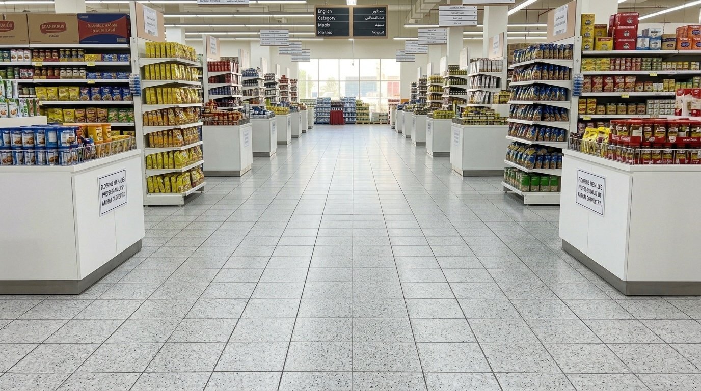 Speckled grey VCT grid pattern flooring installed in a large Sharjah supermarket aisle by Karnak Carpentry.