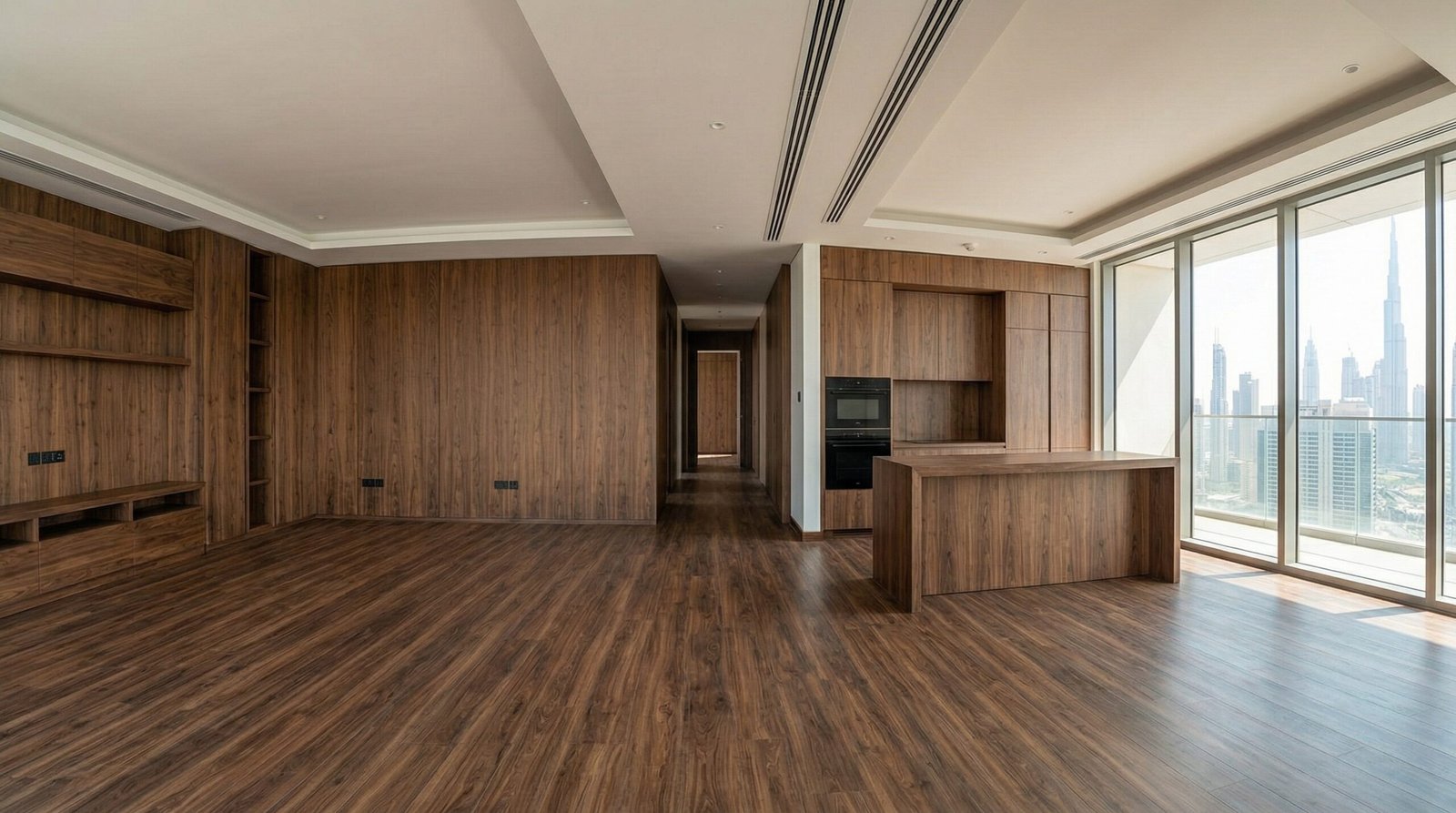 Integrated interior fit-out featuring matching LVT flooring and custom woodwork in Dubai.