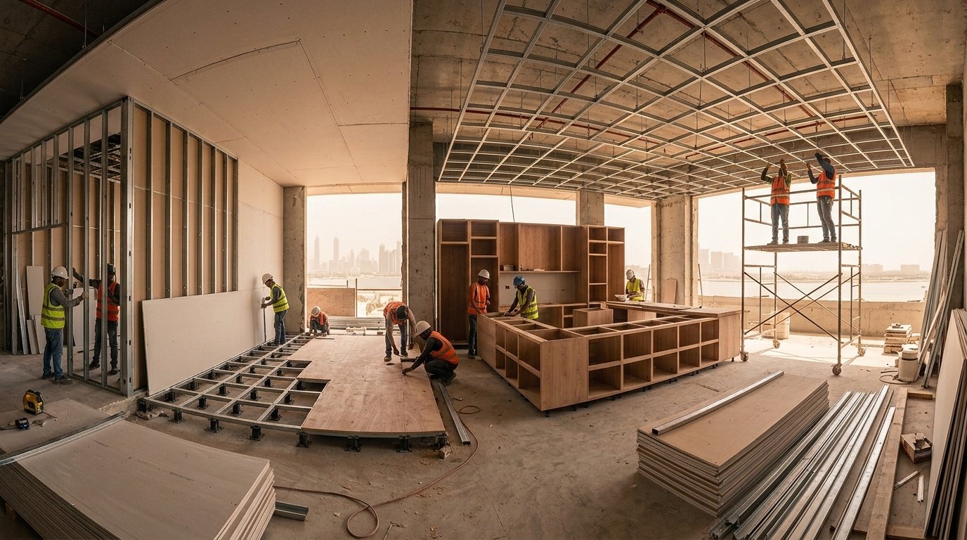 Synchronized installation of partition walls, flooring, and cabinetry frames in a Dubai cafe fit-out