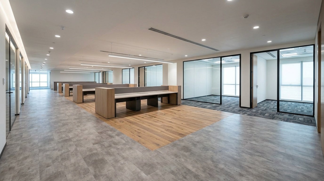 Multiple flooring types including LVT and engineered wood installed in a Sharjah corporate headquarters by Karnak.