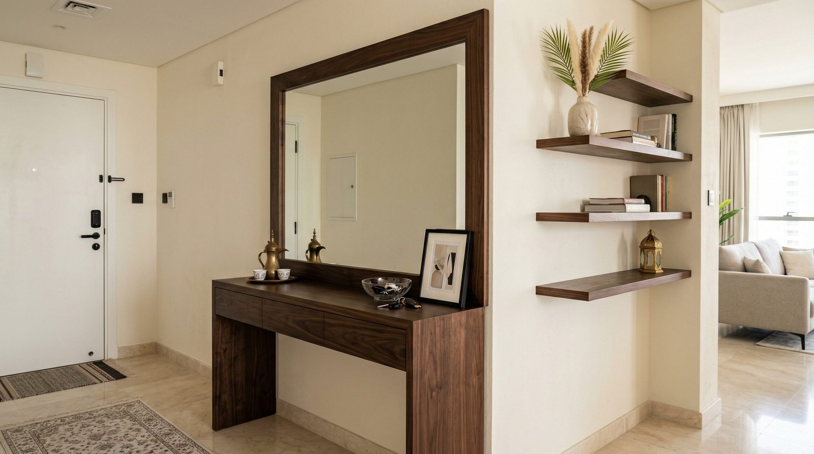 Fully integrated dark wood entryway console, mirror, and shelves in a UAE apartment.