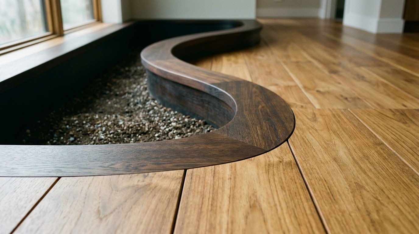 Floor-flush Iroko wood planter box integrated with Teak hardwood flooring.