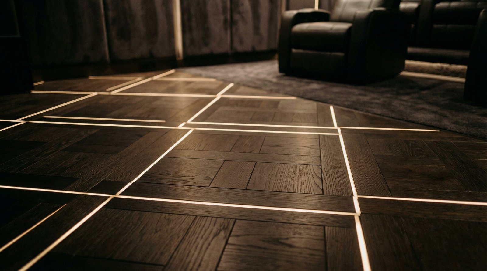 Dark oak parquet flooring with integrated LED lighting, Arabian Ranches.