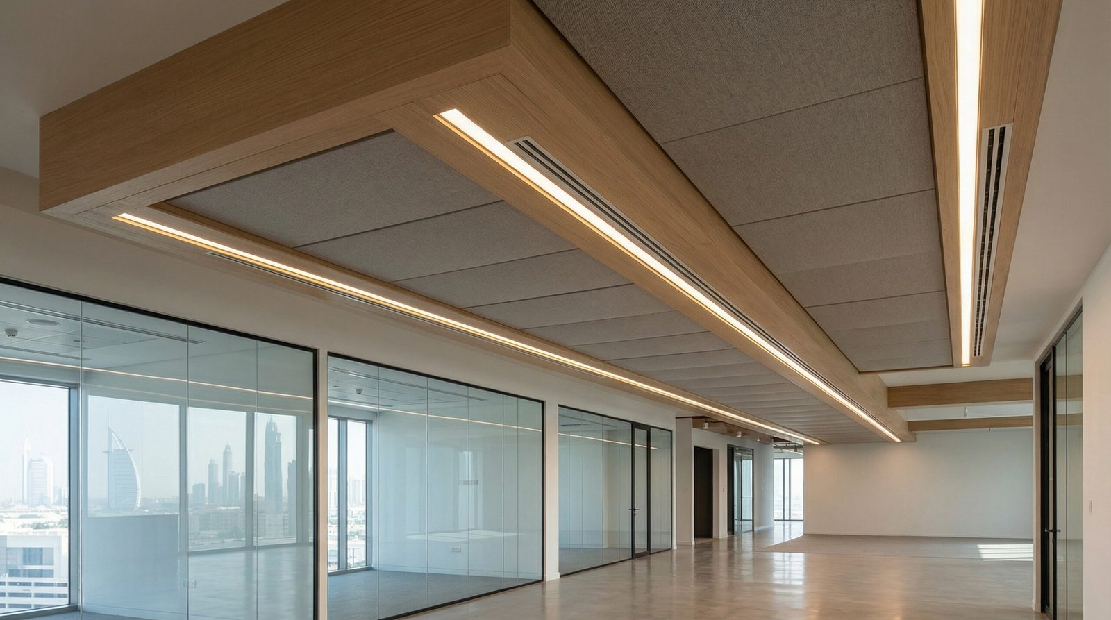 Custom wood bulkhead with integrated hidden lighting, acoustic panels, and air vents in an Al Barsha office.