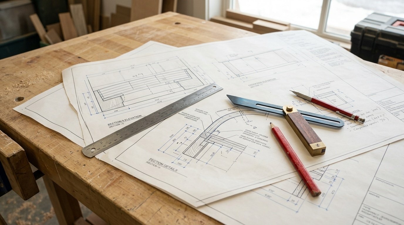 Precision measuring tools lying on complex technical shop drawings for hospitality joinery.