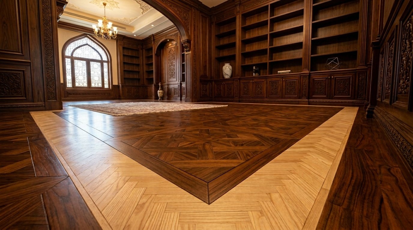 Intricate dark Teak parquet flooring with inlaid light Ash herringbone border in Sharjah.