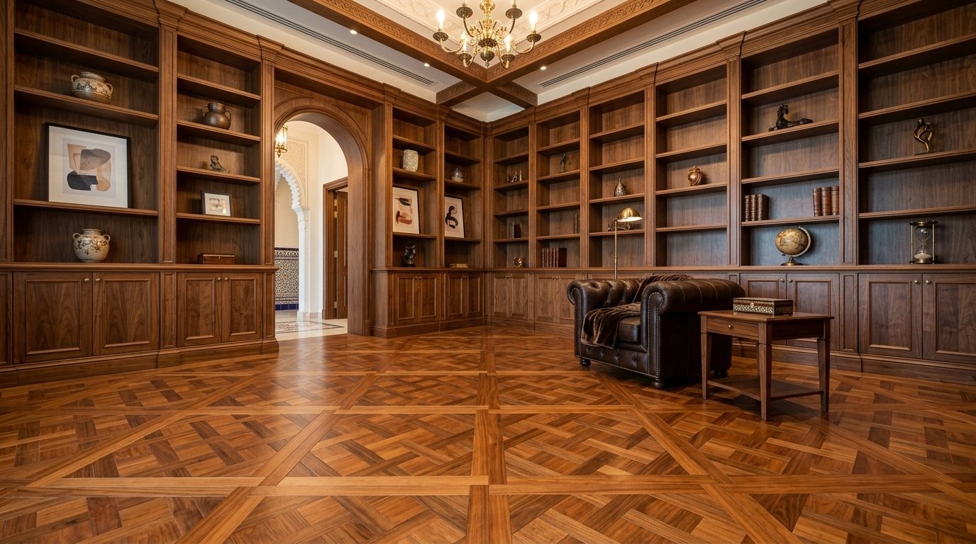 Intricate basket weave parquet flooring integrated with full-height library bookcases.
