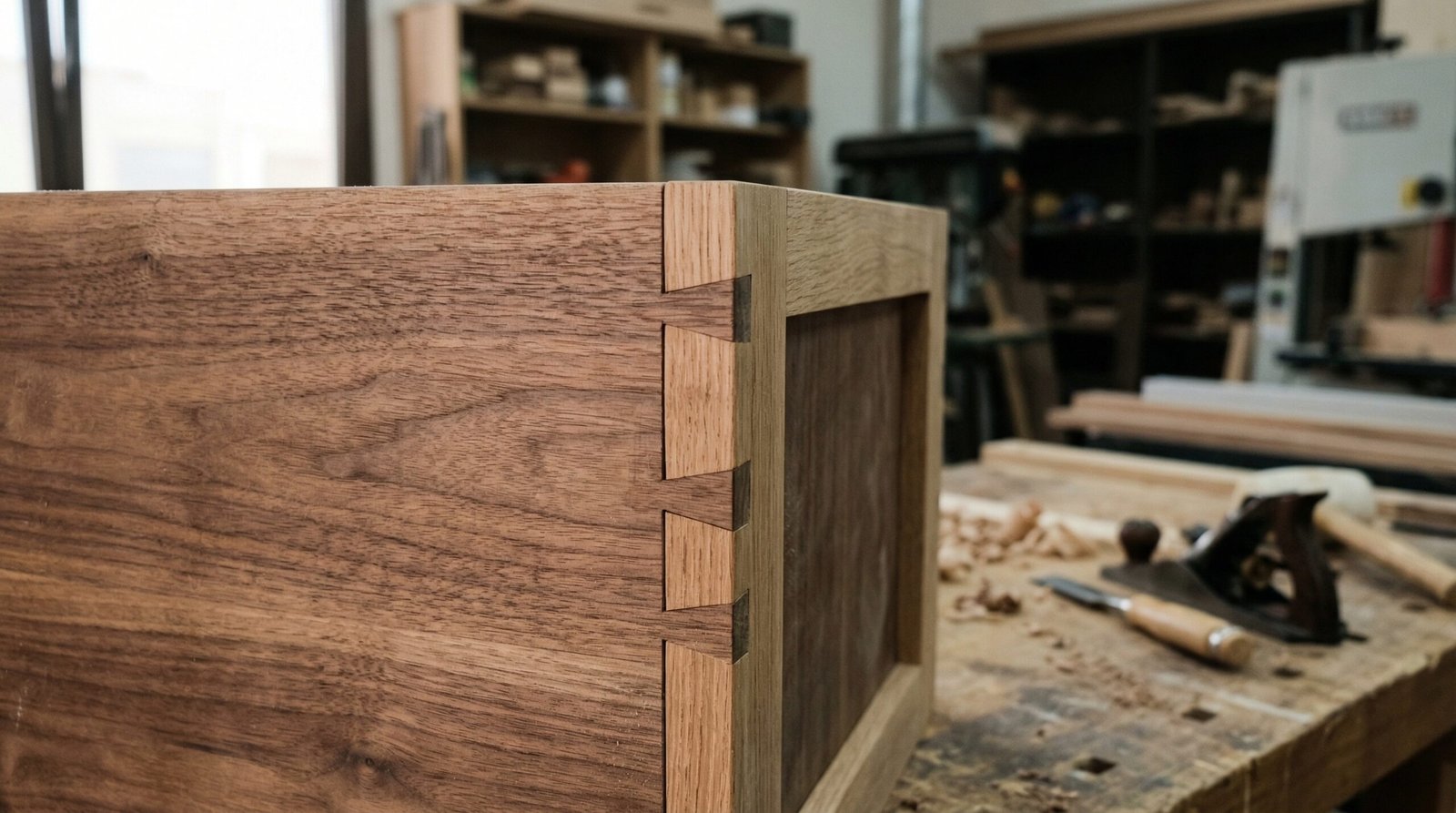 Close-up of intricate interlocking joinery detail on a built-in cabinet corner made in-house.