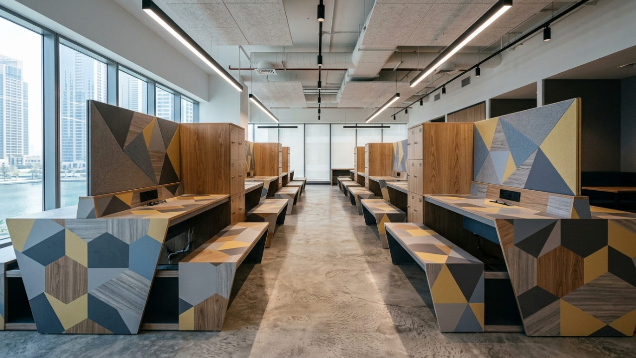 Custom hot-desking benches and integrated lockers in a modern JLT co-working space fit-out.
