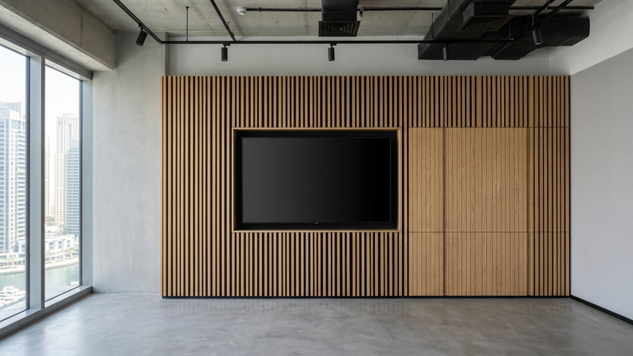 Oak wood acoustic slat wall with integrated storage in JLT office