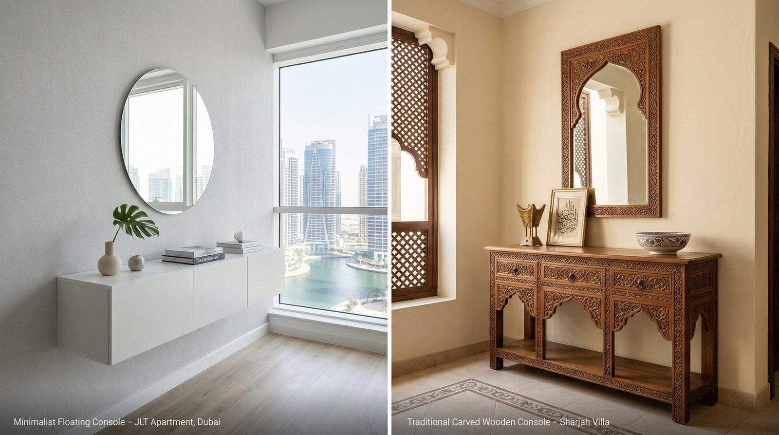 Comparison of recent custom console table projects in JLT Dubai and Sharjah.