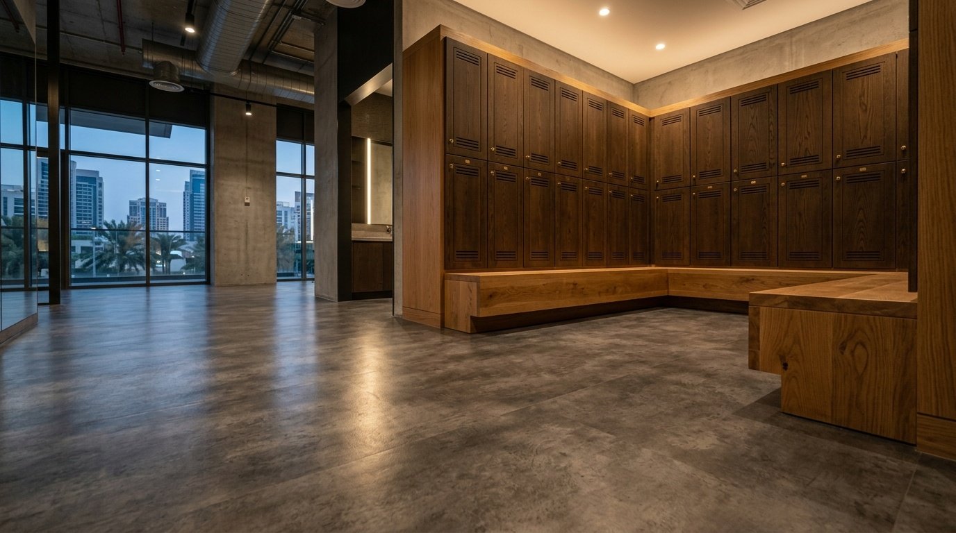 Industrial concrete effect LVT flooring in a luxury Jumeirah gym.