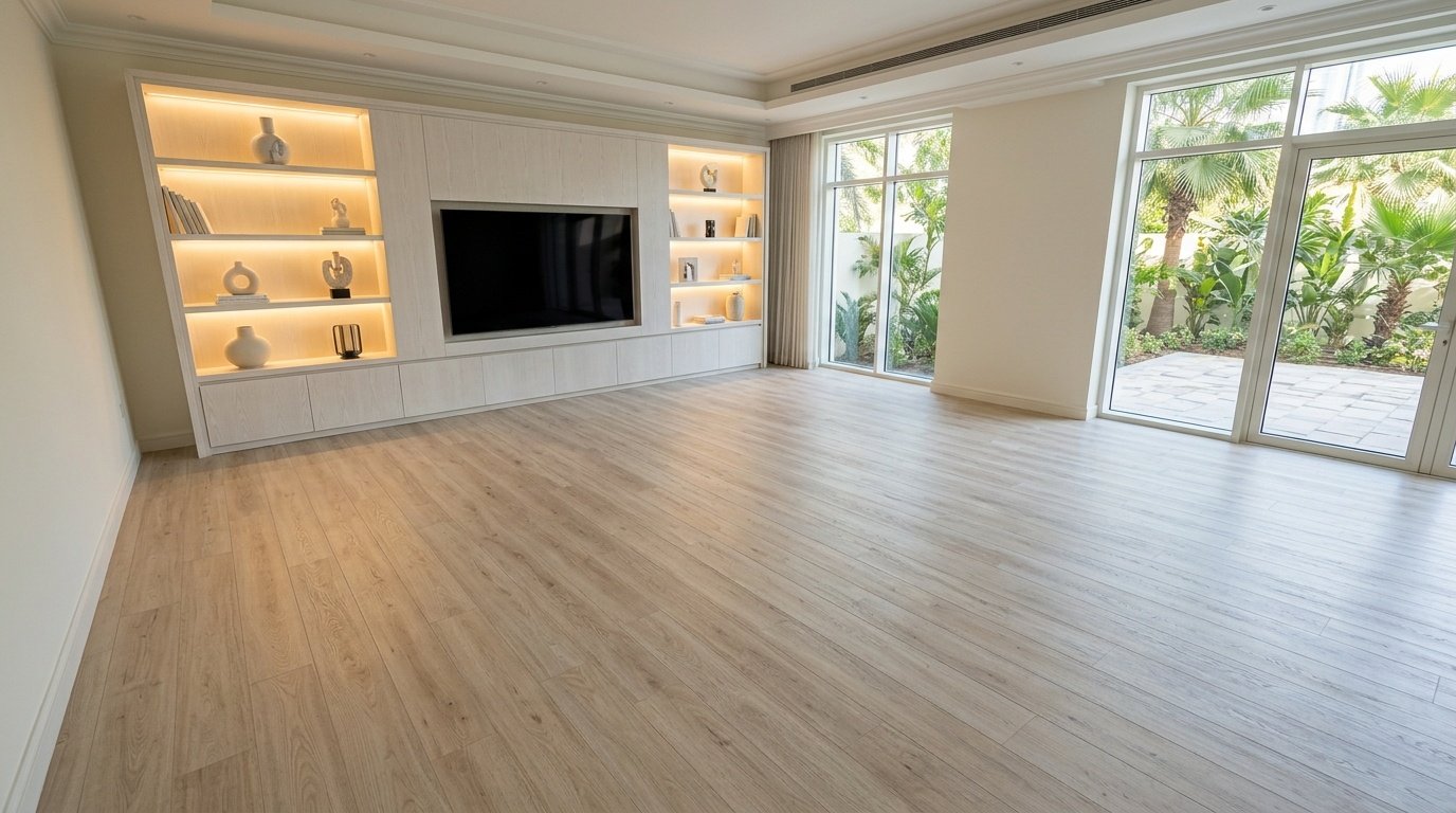 Premium bleached oak vinyl flooring in a luxury Jumeirah villa living room.
