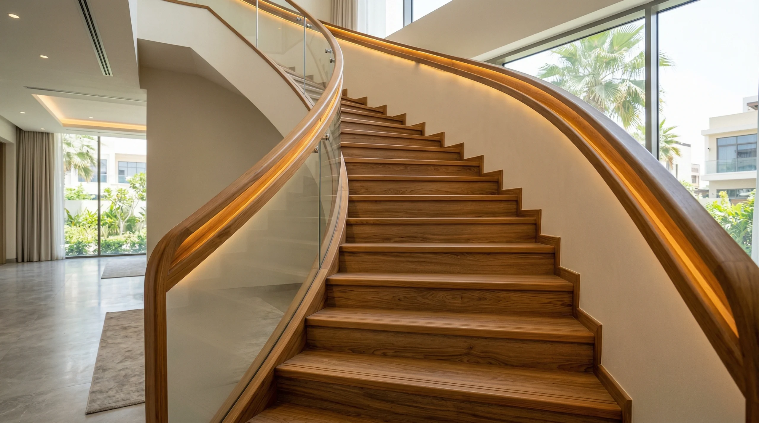 Custom laminate cladded staircase with integrated LED wood handrail.